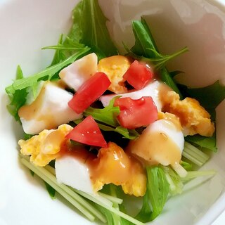 水菜とはんぺんと炒り卵とトマトのごまダレポン酢和え